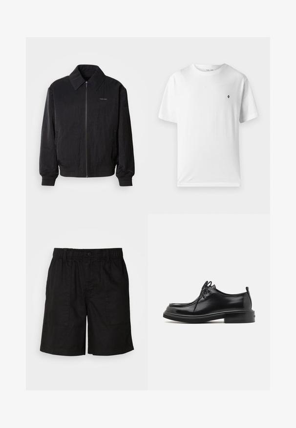 Cazadora bomber negra con cremallera y tela texturizada, gran cuello, puños elásticos y cintura ajustable. Presenta un sutil detalle del logo en el pecho.; Camiseta blanca de algodón con cuello redondo, mangas cortas y un pequeño logo negro en el pecho. Textura suave, corte casual.; Pantalones cortos negros con una cinturilla elástica y cierre de botón. Cuenta con dos grandes bolsillos laterales de tela texturizada. Diseño casual.; Calvin Klein LACE UP APRON BRUSH OFF - Zapatos de vestir - black