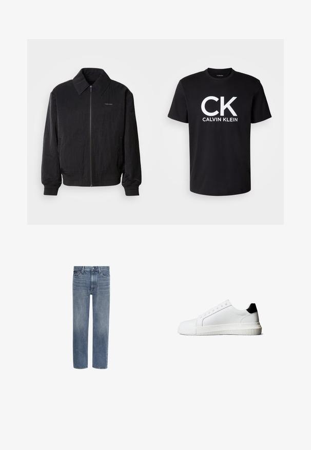 Zwarte bomberjack met ritssluiting, gemaakt van een gestructureerde stof, grote kraag, elastische manchetten en tailleband. Bevat een subtiele logodetail op de borst.; Calvin Klein Jeans GRAPHIC TEE - T-shirt print - black; Blauwe spijkerbroek met rechte pijpen, voorzakken, riemlussen en een knoopsluiting.; Witte leren sneakers met een zwarte hielaccent, voorzien van platte veters, een afgeronde neus en een geribbelde rubberen zool voor grip.