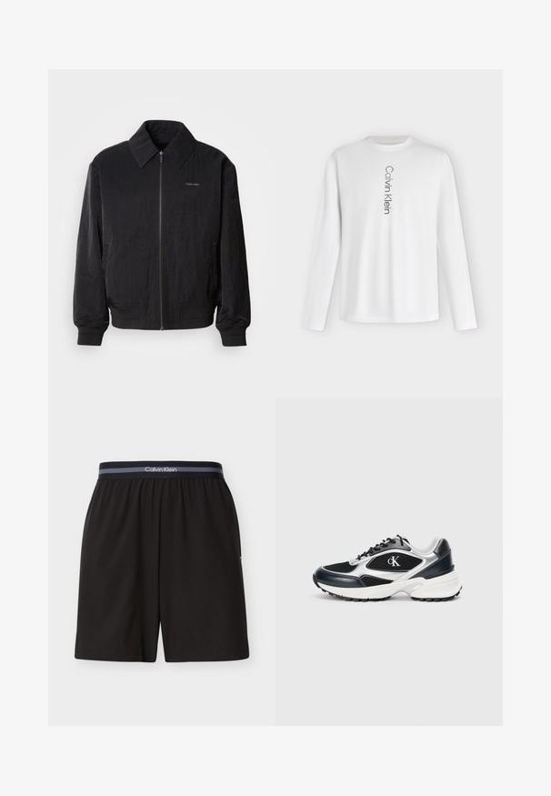 Veste bomber noire zippée en tissu texturé, avec un grand col, des poignets élastiques et une taille élastique. Présente un petit logo sur la poitrine.; T-shirt blanc à manches longues avec col rond, logo "Calvin Klein" imprimé en noir verticalement au centre devant.; Shorts noirs Calvin Klein pour hommes avec taille élastique et bande de marque, longueur au genou, design uni, présentés à plat sur fond blanc.; Baskets de sport noires et argentées avec une tige en mesh et en synthétique, accents texturés, semelle intermédiaire blanche épaisse et semelle extérieure en caoutchouc noir. Avec logo.