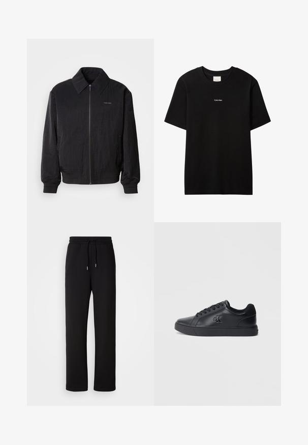 Μαύρο bomber jacket με φερμουάρ και υφή, μεγάλο γιακά, ελαστικούς καρπούς και μέση. Διαθέτει διακριτική λεπτομέρεια λογότυπου στο στήθος.; Μαύρο βαμβακερό μπλουζάκι με στρογγυλή λαιμόκοψη και κοντά μανίκια. Διαθέτει μικρό λευκό λογότυπο "Calvin Klein" στο μπροστινό μέρος. Ομαλή, κλασική εφαρμογή.; Μαύρο αθλητικό παντελόνι από απαλή ύφανση, με ρυθμιζόμενη μέση, ίσια πόδια και χωρίς επιπλέον σχέδια ή διακοσμητικά στοιχεία.; Μαύρα δερμάτινα αθλητικά παπούτσια με σχέδιο κορδονιών, καουτσούκ σόλα και ανάγλυφο λογότυπο στο πλάι, διαθέτοντας λεία υφή και μίνιμαλ στυλ.