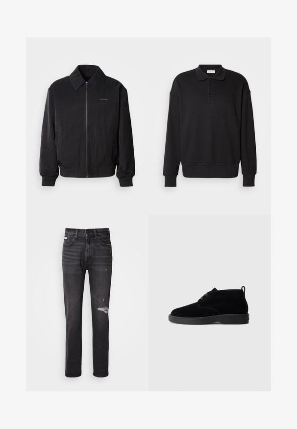 Μαύρο bomber jacket με φερμουάρ και υφή, μεγάλο γιακά, ελαστικούς καρπούς και μέση. Διαθέτει διακριτική λεπτομέρεια λογότυπου στο στήθος.; Μαύρο μακρυμάνικο πόλο μπλουζάκι, ριγωτή υφή, τριών κουμπιών, κεντητό λογότυπο στο στήθος, εφαρμοστοί καρποί και στρίφωμα. Απαλή σύνθεση από βαμβάκι.; Μαύρα τζιν παντελόνια με σχέδιο ίσιου ποδιού, φθαρμένες λεπτομέρειες στο γόνατο, πέντε τσέπες και διακριτική ξεθωριασμένη φινίρισμα.; Μαύρες σουέτ ankle boots με στρογγυλή μύτη, σχέδιο με κορδόνια, μαύρη καουτσούκ σόλα και θηλιά στην πίσω πλευρά για εύκολη εφαρμογή.