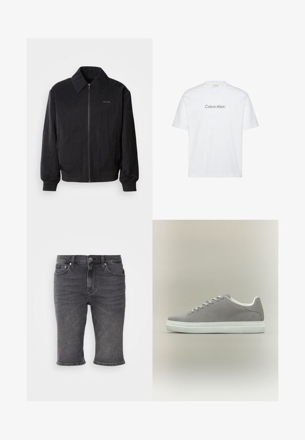 Mustast zip-up bomber-jaki, millel on tekstuuriga kangas, suur krae, elastsed mansetid ja vöökoht. Omab diskreetset logo detaili rinnal.; Valge puuvillane lühikeste varrukatega T-särk. Omab ümmargust kaelust ning roostes halli trükitud "Calvin Klein" logo rinnal.; Tumedat hallid teksapüksid sirge lõikega, viie taskuga kujunduses ja rullitud säärega. Omab metallsidet ja peeneid õmbluse detaile.; Halli seemisnahast toss, millel on valge kummist tall ja paelad, kujundatud madala lõike ja sileda tekstuuriga. Minimalistlik stiil ilma nähtavate logodeta.