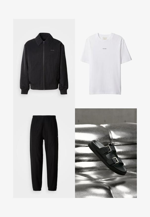 Mustast zip-up bomber-jaki, millel on tekstuuriga kangas, suur krae, elastsed mansetid ja vöökoht. Omab diskreetset logo detaili rinnal.; Valge puuvillane t-särk ümmarguse kaeluse ja lühikeste varrukatega. Rinnal on keskel väike must "Calvin Klein" logo.; Mustad mustad, millel on elastne vöökoht, kitsenevad sääred ja mansetid. Sile kangastekstuuri. Logo detail küljes.; Mustad liug sandaalid kahe reguleeritava pandlaga, hõljuvad läikiva metallist hõbedase tussilise pinna kohal.