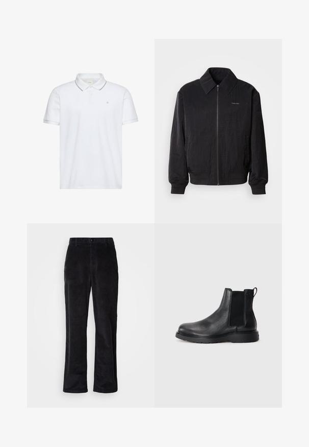 Mustast zip-up bomber-jaki, millel on tekstuuriga kangas, suur krae, elastsed mansetid ja vöökoht. Omab diskreetset logo detaili rinnal.; Valge lühikeste varrukatega polo särk kahe nupuga, hall ääreliist krae ja mansettide peal ning väike "ck" logo rinnal tikitud.; Tume musta püksid sametriidest, sirge jala lõikega, millel on nööpidega sulgur, vööaugud ja küljetaskud praktiliseks kandmiseks.; Mustad mustad Chelsea saapad, millel on tekstuuriga viimistlus, elastsed külgtaskud ja vastupidav kummist tald. Discreetne bränding kontsapuntšel.