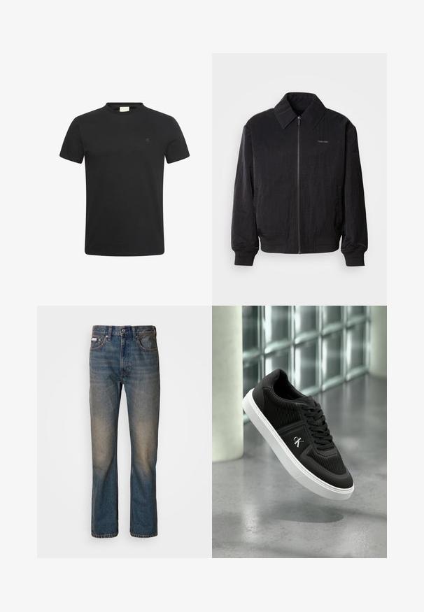 Veste bomber noire zippée en tissu texturé, avec un grand col, des poignets élastiques et une taille élastique. Présente un petit logo sur la poitrine.; T-shirt noir à manches courtes avec col rond et petit logo "cK" subtil sur la poitrine gauche.; Jean taille haute bleu en denim, avec une coupe droite, des patchs décolorés et usés, et un style traditionnel à cinq poches.; Baskets basses noires avec semelle blanche et logo "cK", flottant au-dessus d'un sol en béton gris près d'un mur en briques de verre et d'une colonne blanche.