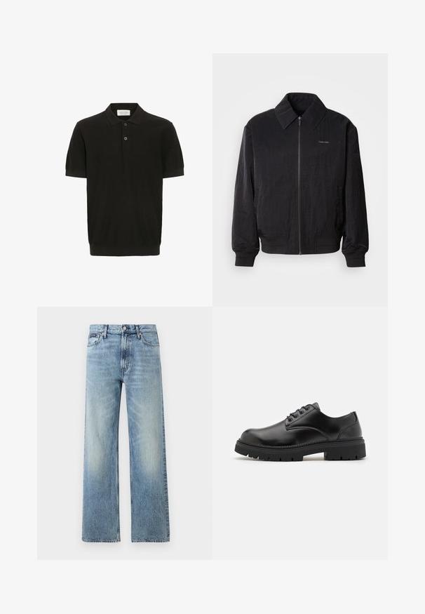 Veste bomber noire zippée en tissu texturé, avec un grand col, des poignets élastiques et une taille élastique. Présente un petit logo sur la poitrine.; Polo shirt noir à manches courtes avec une finition texturée, patte de boutonnage à trois boutons et col classique. Doté d'un ourlet côtelé ajusté.; Jean droit en denim bleu clair avec taille haute, cinq poches, fermeture à boutons et léger délavage sur les cuisses et les genoux.; Chaussures en cuir noir avec un bout rond, un laçage et une semelle en caoutchouc épaisse et texturée. Présente des coutures le long du bord et une finition lisse.