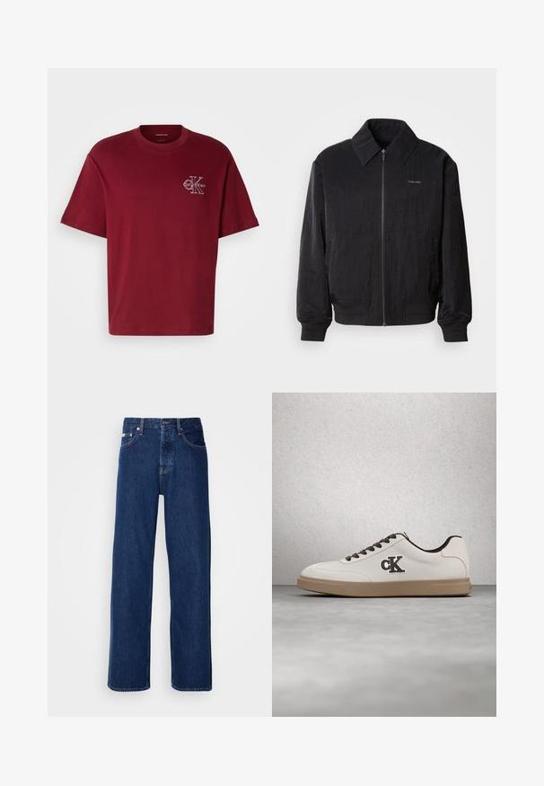 Sort zippered bomberjakke med struktureret stof, stor krave, elastiske manchetter og talje. Har diskret logo-detail på brystet.; Mørkerød bomulds t-shirt med afslappet pasform, korte ærmer og et frontlogo i hvid. Har rund halsudskæring og glat tekstur.; Mørkeblå denimjeans med et bredt ben-design, der har en knaplukning og klassisk fem-lomme styling. Stoffet har en glat tekstur.; Hvid sneakers med brune accenter, ruskindsmateriale, flade snørebånd og gummisål. Har en logo på siden og en glat tekstur.