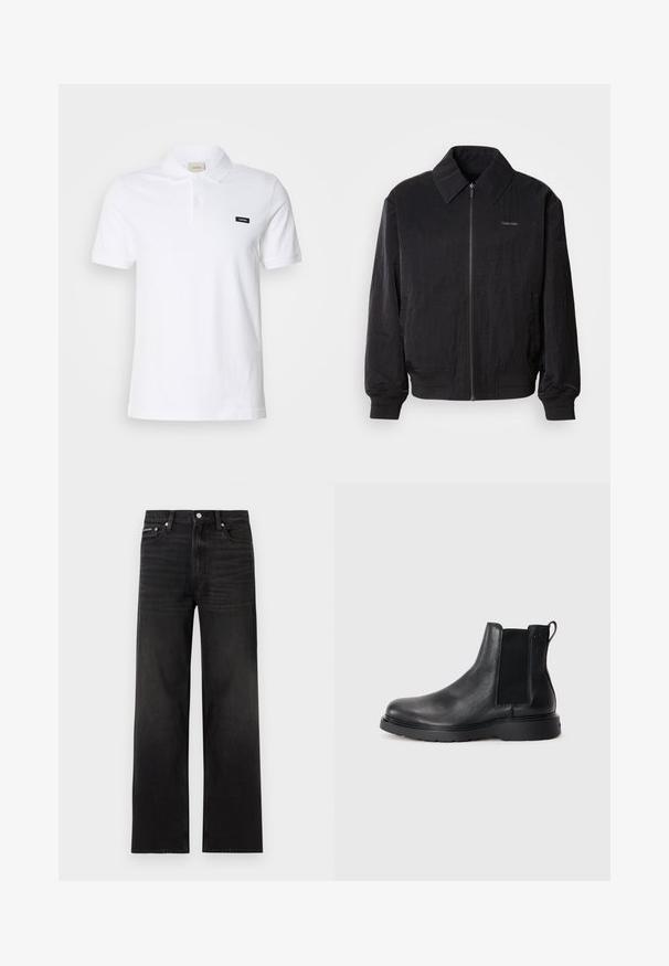 Μαύρο bomber jacket με φερμουάρ και υφή, μεγάλο γιακά, ελαστικούς καρπούς και μέση. Διαθέτει διακριτική λεπτομέρεια λογότυπου στο στήθος.; Λευκό πουκάμισο πόλο από βαμβάκι με κλασικό γιακά, κοντά μανίκια και μικρό μαύρο λογότυπο Calvin Klein στη αριστερή πλευρά της θηλής.; Μαύρα τζιν με ευθεία γραμμή, σχεδίαση πέντε τσεπών, θηλιές για ζώνη και κλείσιμο με κουμπί, παρουσιασμένα σε λευκό φόντο.; Μαύρα δερμάτινα μποτίνια Chelsea με υφή, ελαστικές πλαϊνές ταινίες και ανθεκτική καουτσούκ σόλα. Διακριτική σήμανση στη φτέρνα.