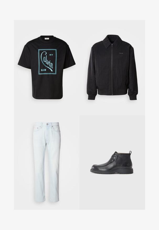 Sort zippered bomberjakke med struktureret stof, stor krave, elastiske manchetter og talje. Har diskret logo-detail på brystet.; Sort bomulds T-shirt med et iøjnefaldende turkise grafisk design, der viser "Calvin Klein NY" inden for en rektangulær kontur. Korte ærmer.; Lyseblå denimjeans med lige ben. Har en knaplukning og bæltestropper, viser en falmet tekstur og minimal syning.; Sorte læder ankelstøvler med rund tå, snørelukning og en løkke bagpå. Tekstureret overdel og gummisål.