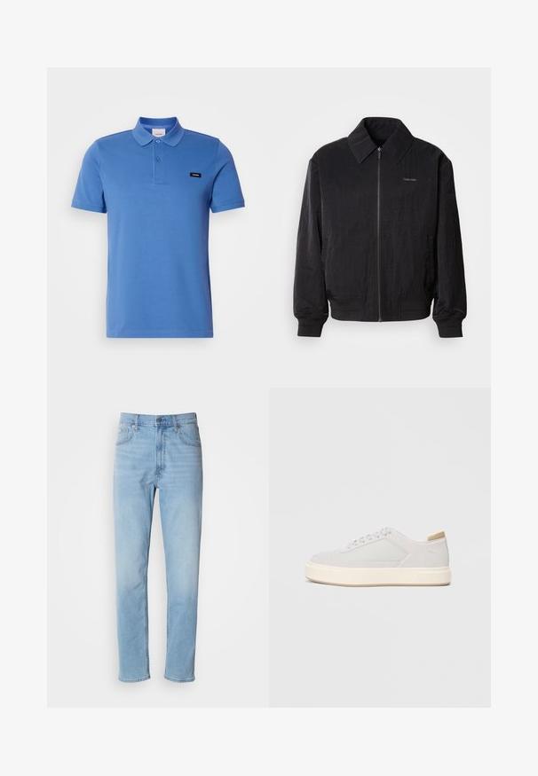 Veste bomber noire zippée en tissu texturé, avec un grand col, des poignets élastiques et une taille élastique. Présente un petit logo sur la poitrine.; Polo en coton bleu avec un col, deux boutons, des manches courtes et un écusson noir sur le côté gauche. Tissu lisse et texturé.; Jean en denim bleu clair avec une coupe droite, cinq poches et passants de ceinture. Le tissu présente une texture lisse avec un léger effet dégradé.; Baskets gris clair avec une tige synthétique lisse, un bout rond et une semelle intermédiaire texturée couleur crème. Accents beige clair au niveau du talon.