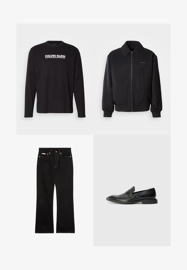 Μαύρο bomber jacket με φερμουάρ και υφή, μεγάλο γιακά, ελαστικούς καρπούς και μέση. Διαθέτει διακριτική λεπτομέρεια λογότυπου στο στήθος.; Μαύρο πουκάμισο με μακριά μανίκια από βαμβάκι, με το λευκό λογότυπο "CALVIN KLEIN" στο μπροστινό μέρος του στήθους. Στρογγυλή λαιμόκοψη και εφαρμοστά μανίκια.; Μαύρο τζιν με ίσια γραμμή, πορτοκαλί ραφές, πέντε τσέπες, κούμπωμα με κουμπί και μικρή ετικέτα Calvin Klein στην μπροστινή δεξιά τσέπη.; Μαύρες δερμάτινες λοφιέρες με απαλή υφή, μυτερή μύτη και χαμηλό ορθογώνιο τακούνι. Διαθέτουν οριζόντια λεπτομέρεια ζώνης στην πάνω πλευρά.