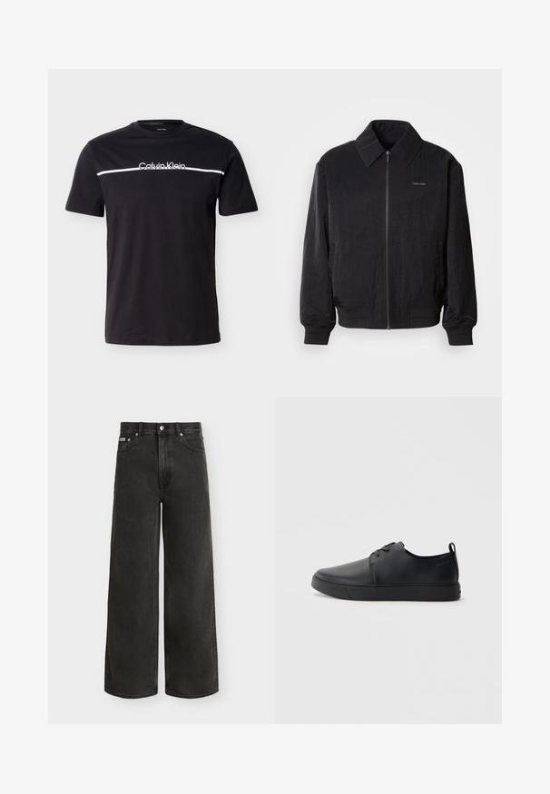 Μαύρο bomber jacket με φερμουάρ και υφή, μεγάλο γιακά, ελαστικούς καρπούς και μέση. Διαθέτει διακριτική λεπτομέρεια λογότυπου στο στήθος.; Μαύρο T-shirt με κοντά μανίκια, λευκή οριζόντια ρίγα στο στήθος και το λογότυπο "Calvin Klein" στο κέντρο πάνω από τη ρίγα.; Μαύρα τζιν ψηλόμεσα με φαρδιά πατζάκια, κλείσιμο με κουμπί και φερμουάρ, μπροστινές και πίσω τσέπες, εμφανίζονται σε λευκό φόντο.; Μαύρο δερμάτινο αθλητικό παπούτσι με λεία επιφάνεια, στρογγυλή μύτη, τονικό ράψιμο, κορδόνια μπροστά και επίπεδη καουτσούκ σόλα. Βρόχος στην πτέρνα.