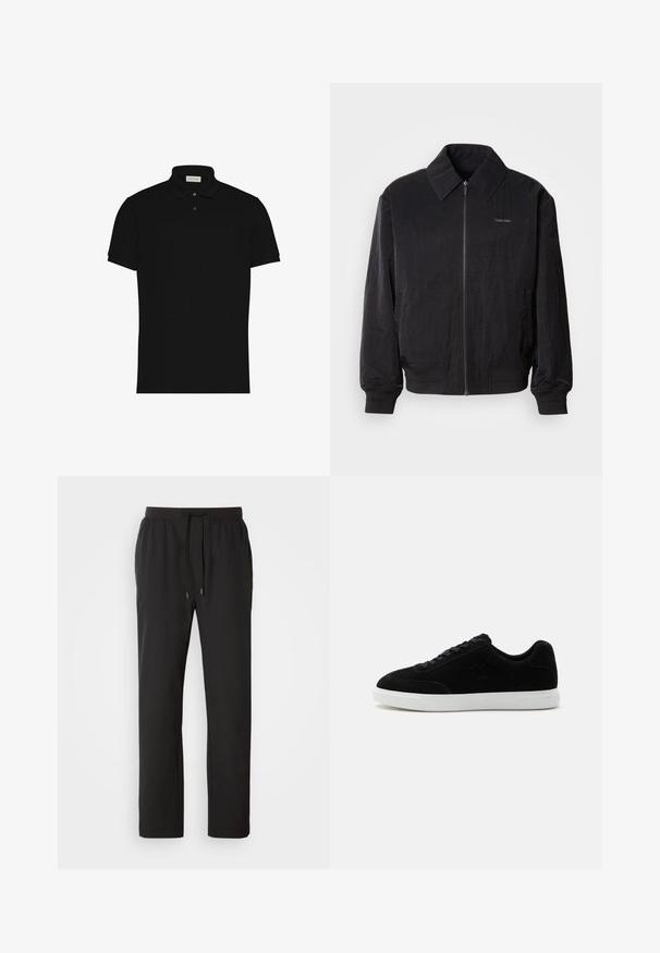 Μαύρο bomber jacket με φερμουάρ και υφή, μεγάλο γιακά, ελαστικούς καρπούς και μέση. Διαθέτει διακριτική λεπτομέρεια λογότυπου στο στήθος.; Μαύρο πόλο με κοντά μανίκια, δύο κουμπιά και γιακά, με μικρό λογότυπο στο στήθος.; Μαύρο παντελόνι φόρμας από ελαφρύ ύφασμα, με ελαστική μέση και ρυθμιζόμενα κορδόνια, καθώς και πλάγιες τσέπες. Απαλή υφή.; Μαύρο χαμηλό sneaker με κορδόνια μπροστά, διακριτικό λογότυπο "ck" στο πλάι και παχύ λευκό λαστιχένιο πέλμα σε απλό ανοιχτό φόντο.