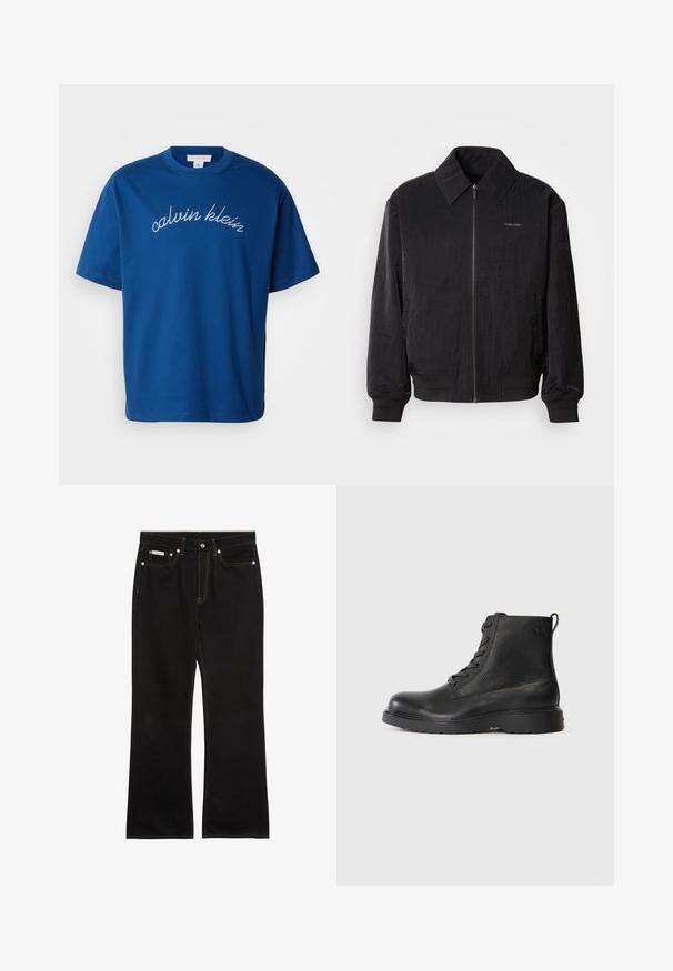 Mustast zip-up bomber-jaki, millel on tekstuuriga kangas, suur krae, elastsed mansetid ja vöökoht. Omab diskreetset logo detaili rinnal.; Sinine puuvillane T-särk, millel on ümmargune kaelus ja lühikesed varrukad, ning rinnal on elegantselt valges kalligraafias tikitud "calvin klein".; Mustad sirgelõikelised teksad oranži õmblusega, viis taskut, nööpkinnitus ja väike Calvin Kleini silt ees paremal taskul.; Mustad muste kingad, mis on valmistatud tekstuursest nahast, ümarate varvaste ja kinnituseks paeltega. Tugev must kummist tald.Õngede peal.