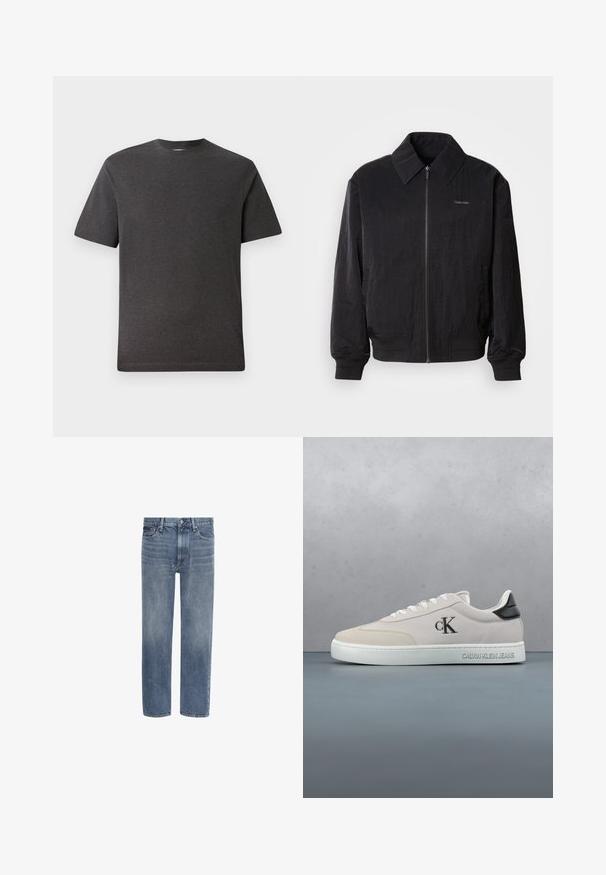 Cazadora bomber negra con cremallera y tela texturizada, gran cuello, puños elásticos y cintura ajustable. Presenta un sutil detalle del logo en el pecho.; Camiseta de manga corta gris, hecha de una tela suave y ligera, con cuello redondo y costuras mínimas. Apta para uso casual.; Vaqueros de denim azul con pierna recta, bolsillos delanteros, trabillas para cinturón y cierre de botón.; Zapatilla beige de corte bajo con suela blanca, pestaña de talón negra, logo "cK" en el lado y "Calvin Klein Jeans" en relieve en la entresuela.