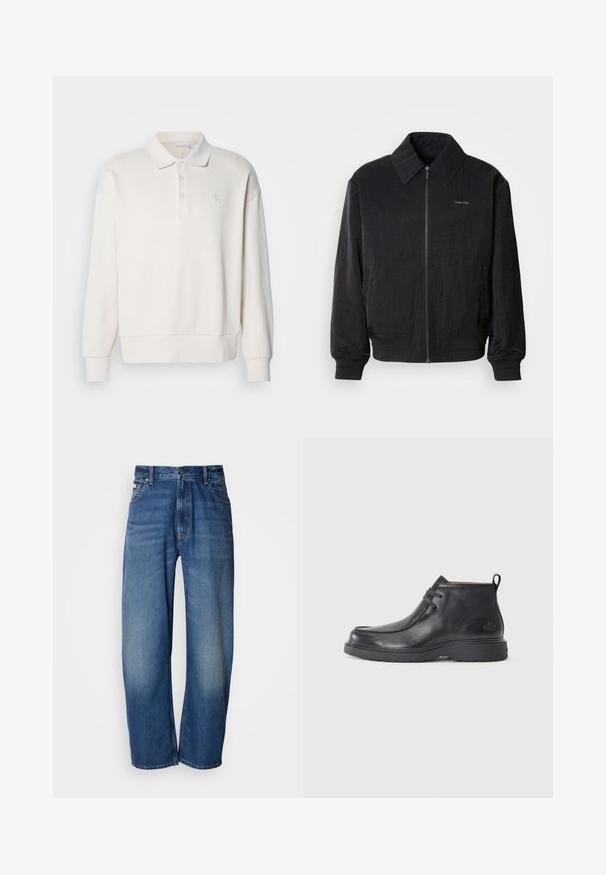 Mustast zip-up bomber-jaki, millel on tekstuuriga kangas, suur krae, elastsed mansetid ja vöökoht. Omab diskreetset logo detaili rinnal.; Kreemikas pikkade varrukatega polo särk, ribakujuline tekstuur, krae kolme nööbiga ja õrn logo vasakus rinnaosas.; Lainete lõikega teksapüksid keskmise sinise tooniga. Varustatud luku ja viie taskuga ning kerge tuhmumisega kulunud välimuse loomiseks. Klassikalise õmbluse detailid.; Mustad nahkjalatsid, ümarate varvastega, nöörimisega disain ja taga tõmbeosa. Tekstuuriga pealisosa ja kummist tald.