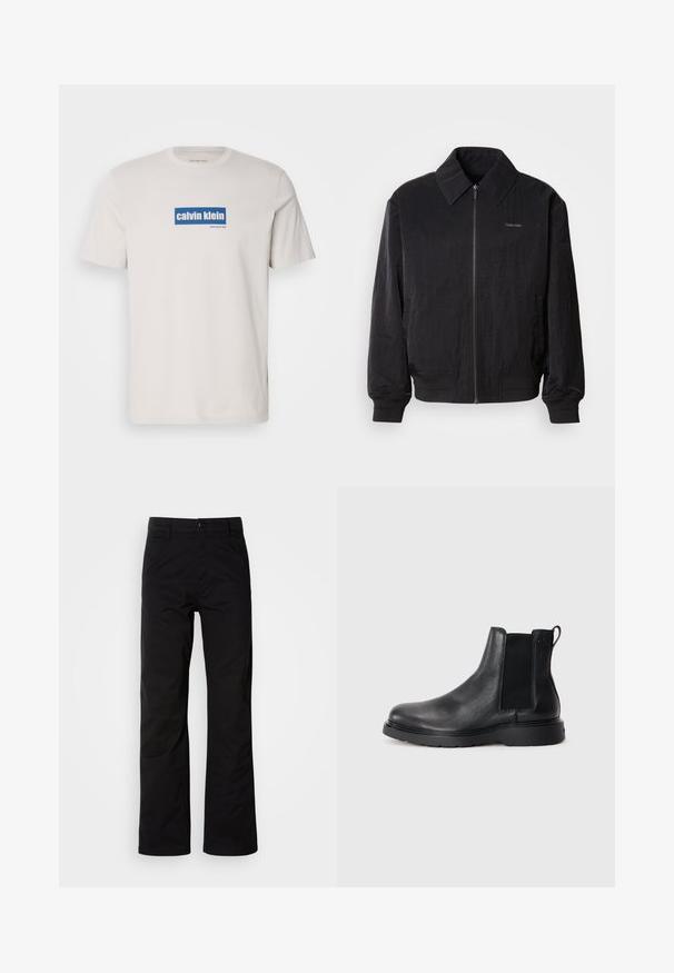 Zwarte bomberjack met ritssluiting, gemaakt van een gestructureerde stof, grote kraag, elastische manchetten en tailleband. Bevat een subtiele logodetail op de borst.; Witte katoenen t-shirt met een blauw rechthoekig logo met "calvin klein" en "new york city" in witte tekst op de voorkant. Klassieke pasvorm.; Zwarte katoenen broek met een recht design, voorzien van een knoopsluiting en riemlussen. Gladde textuur en minimalistische stijl zonder zichtbare patronen.; Zwarte leren Chelsea boots met een gestructureerde afwerking, elastische zijpanelen en een stevige rubberen zool. Subtiele branding op de hiel.
