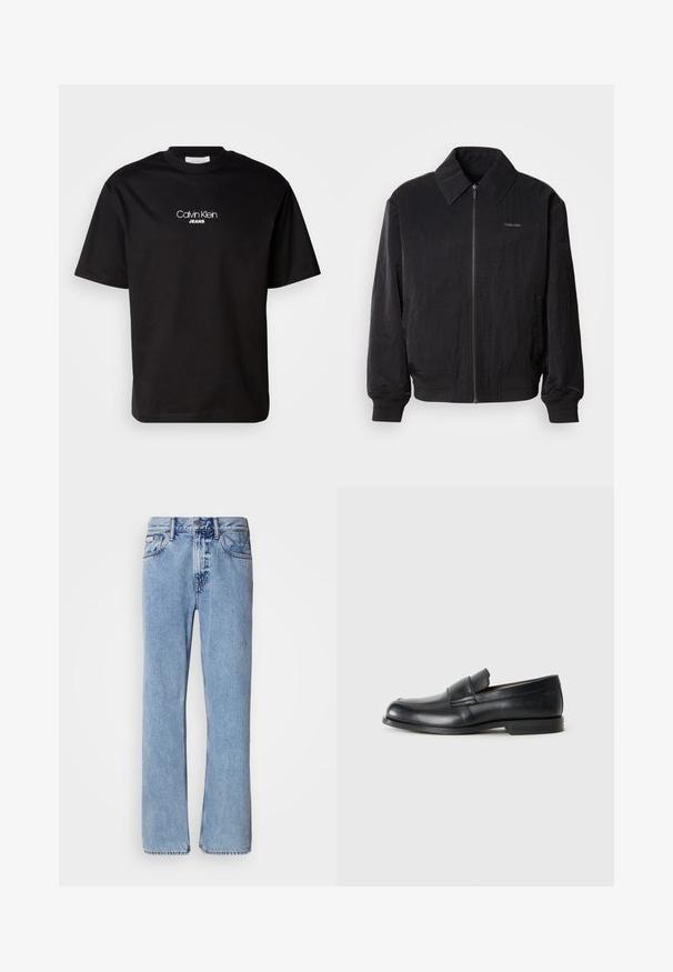 Cazadora bomber negra con cremallera y tela texturizada, gran cuello, puños elásticos y cintura ajustable. Presenta un sutil detalle del logo en el pecho.; Camiseta de algodón negra con cuello redondo, mangas cortas y logotipo blanco "Calvin Klein JEANS" en el frente. Diseño simple y de corte recto.; Jeans de mezclilla azul claro con un diseño de pierna recta, cinco bolsillos y cierre de botón. Detalles de costura cerca de los bolsillos y la cintura.; Mocasines de cuero negro con punta redondeada, detalles cosidos y suela plana de goma. Presentan una banda ancha sobre el empeine.