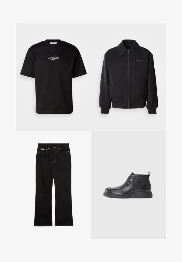 Schwarze Bomberjacke mit Reißverschluss aus strukturiertem Stoff, großem Kragen, elastischen Bündchen und Saum. Verfügt über ein dezentes Logo-Detail auf der Brust.; Schwarzes Baumwoll-T-Shirt mit Rundhalsausschnitt, kurzen Ärmeln und weißem "Calvin Klein JEANS"-Logo auf der Vorderseite. Einfaches und geradliniges Design.; Schwarze Jeans mit geradem Bein, oranger Naht, fünf Taschen, Knopfverschluss und kleinem Calvin Klein-Label auf der vorderen rechten Tasche.; Schwarze Leder-Stiefel bis zur Knöchel mit runder Zehenform, Schnürdesign und einer Ziehlasche auf der Rückseite. Strukturiertes Obermaterial und Gummisohle.