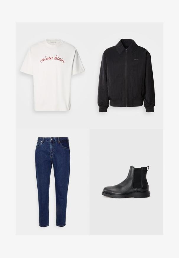 Sort zippered bomberjakke med struktureret stof, stor krave, elastiske manchetter og talje. Har diskret logo-detail på brystet.; Hvid bomulds t-shirt med korteærmer, der har buet rød broderet tekst "calvin klein" tværs over brystet. Klassisk crew neck design.; Mørkeblå straight-leg cowboybukser med forreste knap- og lynlås-lukning, bæltestropper samt for- og baglommer.; Sorte læder chelsea støvler med tekstureret finish, elastiske sidepaneler og en robust gummisål. Subtil branding på hælen.