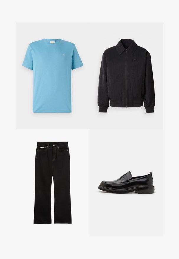 Μαύρο bomber jacket με φερμουάρ και υφή, μεγάλο γιακά, ελαστικούς καρπούς και μέση. Διαθέτει διακριτική λεπτομέρεια λογότυπου στο στήθος.; Γαλάζιο βαμβακερό T-shirt με στρογγυλή λαιμόκοψη, κοντά μανίκια και μικρό λευκό λογότυπο στην πάνω αριστερή πλευρά του στήθους. Λείο ύφασμα.; Μαύρο τζιν με ίσια γραμμή, πορτοκαλί ραφές, πέντε τσέπες, κούμπωμα με κουμπί και μικρή ετικέτα Calvin Klein στην μπροστινή δεξιά τσέπη.; Calvin Klein MOCCASIN - Έξυπνα slip-on παπούτσια - black