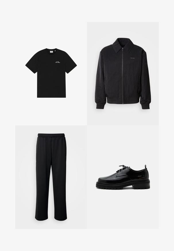 Μαύρο bomber jacket με φερμουάρ και υφή, μεγάλο γιακά, ελαστικούς καρπούς και μέση. Διαθέτει διακριτική λεπτομέρεια λογότυπου στο στήθος.; Μαύρο μπλουζάκι με κοντά μανίκια και στρογγυλή λαιμόκοψη, με μικρό λευκό λογότυπο "Los Deux" στο αριστερό στήθος, σε απλό λευκό φόντο.; Μαύροι αθλητικοί παντελόνες κατασκευασμένες από μαλακό, αναπνεύσιμο ύφασμα. Διαθέτουν ελαστική μέση και ευθείες γραμμές χωρίς έντονες λεπτομέρειες ή σχέδια.; Μαύρο γυαλιστερό δερμάτινο παπούτσι με κορδόνια, χοντρή ελαστική σόλα και χαμηλό τακούνι, με πλαϊνό λογότυπο "SAMSOE" και πίσω ταινία τράβηγματος.