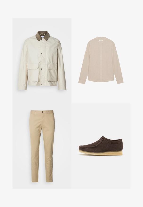 Lys beige jakke med en brun fløjlskrave, to frontlommer, trykknaplukning og en glat tekstur. Casual design, der er velegnet til lag-på-lag.; Beige langærmet skjorte lavet af letvægtsstof, med en mandarin krave og en knaplukning foran med subtil tekstur.; Beige chinos med knappelukning, slim fit og glat bomuldsstof. Har syningsdetaljer og standard fem-lomme design.; Brune ruskindsko med en glat overflade, rund tå og minimalistisk design. Har en lysgummisål og kontrastfarvet snøredetalje.
