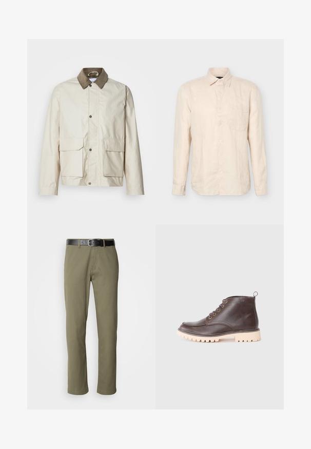 Chaqueta beige clara con un cuello de pana marrón, dos bolsillos frontales, cierre a presión y una textura suave. Diseño casual adecuado para superposiciones.; Camisa beige de manga larga con botones, cuello puntiagudo y bolsillo en el pecho, mostrada de frente sobre un fondo liso.; Pantalones rectos de color verde oliva, hechos de algodón, con un cinturón de cuero negro, costuras visibles y bolsillos laterales.; Botín de cuero marrón con puntera redonda, suela rugosa beige, seis ojales dorados y una pestaña trasera para un fácil calzado.