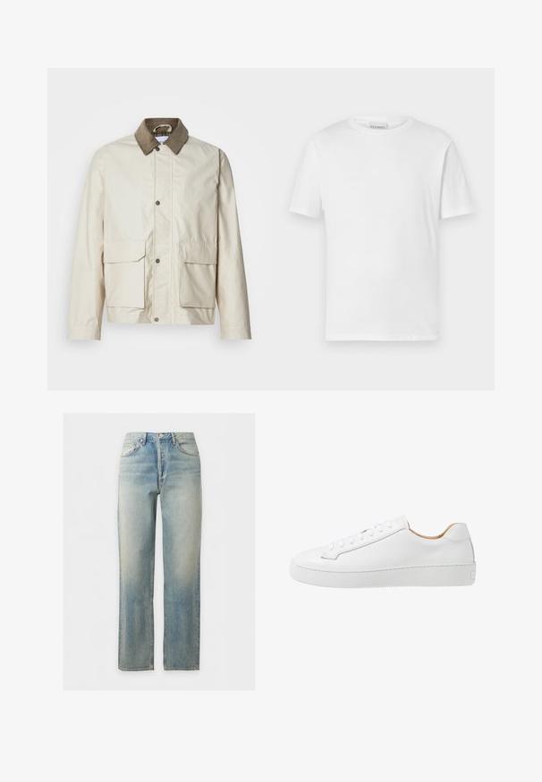 Lys beige jakke med en brun fløjlskrave, to frontlommer, trykknaplukning og en glat tekstur. Casual design, der er velegnet til lag-på-lag.; Hvid kortærmet t-shirt lavet af bomuld. Har en rund halsudskæring og lige kant. Ingen mønstre eller udsmykninger. Enkel design.; Lyseblå falmede denimjeans med straight ben, frontknap og lynlåslukning og femlomme design.; Hvide lædersneakers med en glat overflade, afrundet tå, flad snørebåndsdesign og en tyk gummisål med et struktureret grebmønster.