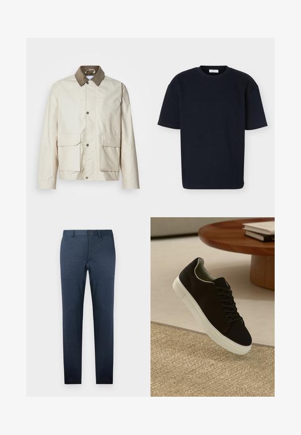 Lys beige jakke med en brun fløjlskrave, to frontlommer, trykknaplukning og en glat tekstur. Casual design, der er velegnet til lag-på-lag.; Sort T-shirt med korte ærmer og rund hals med afslappet pasform og subtilt tekstureret stof, vist på en ensartet lys baggrund.; Mørkeblå bukser lavet af tekstureret stof, med slim fit, flad front og en enkelt knaplukning i taljen.; Sort sneaker med hvid sål svævende over en beige tekstureret tæppe nær et rundt trætabel med stablede bøger.
