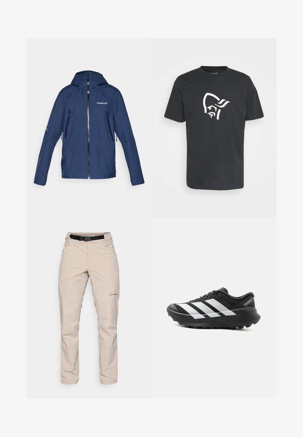 Norrøna FALKETIND GORE-TEX JACKET - Hardshell-jakke - indigo night; Sort bomulds t-shirt med et stort hvidt grafik af et stiliseret ansigt med et hovedbeklædning på fronten. Klassisk rund halsudskæring og korte ærmer.; Beige udendørs bukser med et sort bælte, lynlåslommer og lige ben. Fremstillet af letvægts, vandafvisende stof.; Sort og hvid Adidas Terrex trail løbesko med tyk sål og mønstret ydersål, sidevisning på ensartet lys baggrund.