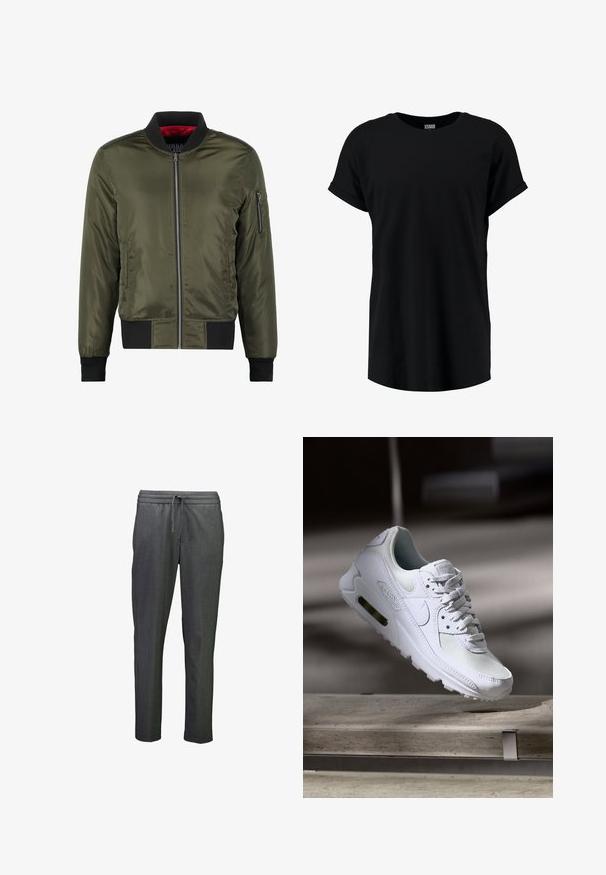 Olivgrüne Bomberjacke mit einem Reißverschluss vorne, gerippten Bündchen und Saum. Verfügt über seitliche und Armtaschen, innen mit rotem Material ausgekleidet.; Schwarzes T-Shirt mit kurzen Ärmeln im lässigen Schnitt. Aus weichem Stoff mit rundem Halsausschnitt und umgeschlagenen Ärmeln. Glatte Textur, ohne Muster.; Graue Leggings mit schmalem Schnitt, ausgestattet mit einem elastischen Bund und einer Kordel zur Anpassung des Tragekomforts. Glatte Textur, minimales Design.; Weiße Nike Air Max 90 Sneaker mit einem Obermaterial aus Mesh und Leder, durchlässigem Zehenbereich und einer sichtbaren Air-Einheit in der Ferse.