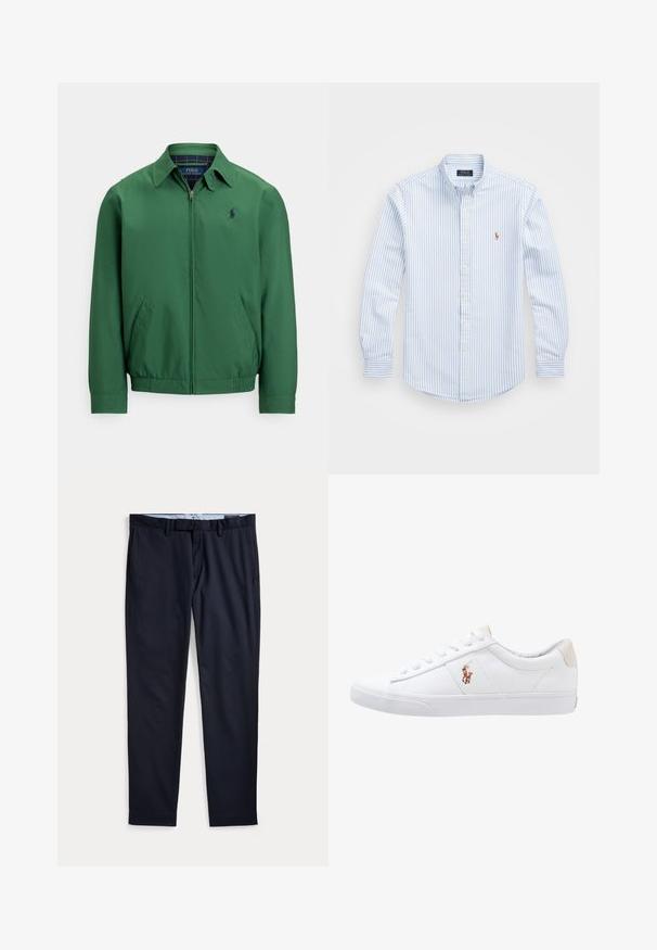 Chaqueta verde con cremallera hecha de tela lisa. Presenta un cuello puntiagudo, cintura elástica y bolsillos laterales. Pequeño logo en el pecho.; Camisa de botón a rayas azul claro y blanca con cuello, mangas largas y un pequeño logo bordado en el pecho. Material de algodón.; Pantalones de vestir azul marino para hombre con trabillas para cinturón, bragueta con cremallera y bolsillos laterales, extendidos planos sobre un fondo blanco.; Zapatilla de lona blanca con diseño de corte bajo, que cuenta con un taco trasero beige y un pequeño logo bordado en el costado. Suela de goma.