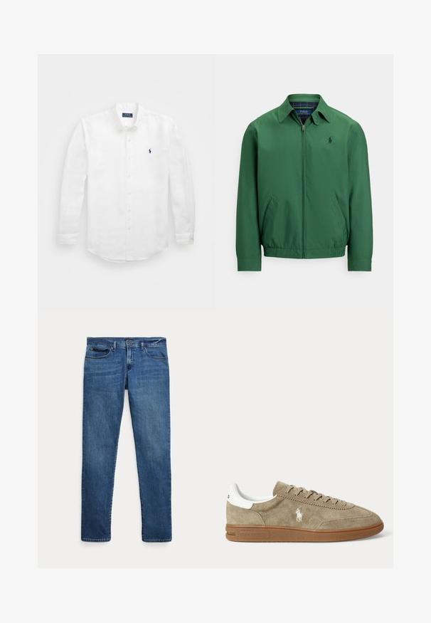 Veste zippée verte en tissu lisse. Comprend un col pointu, une taille élastique et des poches latérales. Petit logo sur la poitrine.; Chemise blanche à manches longues en coton avec un col boutonné, affichant un petit logo marine sur la poitrine gauche et un système de fermeture classique par boutons.; Jean en denim bleu à coupe slim, avec poches avant, passants pour ceinture et fermeture à bouton sur fond blanc.; Baskets basses en daim beige avec semelle marron, détail blanc au talon, lacets et logo brodé d’un joueur de polo blanc sur le côté.