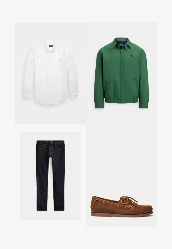 Groen jack met ritssluiting, gemaakt van gladde stof. Heeft een spitse kraag, elastische tailleband en zijzakken. Klein logo op de borst.; Witte lange mouwen shirt van katoen met een button-down kraag, voorzien van een klein marineblauw logo op de linkerborst en klassieke knoopsluiting.; Donkerblauwe slim-fit jeans met vijf zakken, knoopsluiting en contrasterende stiksels, plat gelegd op een lichte achtergrond.; Bruine leren bootschoen met mocassinnaad, veterdetail doorgedreven door metalen oogjes en een platte rubberen zool, gezien van opzij.