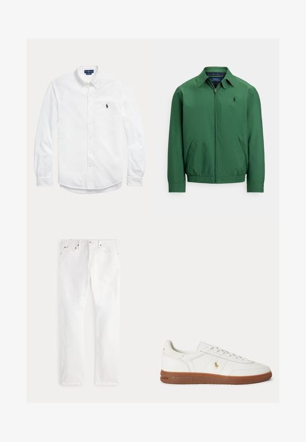 Grüne Jacke mit Reißverschluss aus glattem Stoff. Verfügt über einen spitzen Kragen, einen elastischen Bund und seitliche Taschen. Kleines Logo auf der Brust.; Weißes langärmliges Hemd mit Knopfleiste, Button-down-Kragen und kleinem dunklem Polo Ralph Lauren Logo auf der linken Brust.; Weiße gerade geschnittene Jeans mit Fünf-Taschen-Design und Knopfverschluss, flach auf neutralem Hintergrund präsentiert.; Weißer Sneaker mit niedrigem Schnitt, brauner Sohle, Schnürung vorne und kleinem goldfarbenem Polo Ralph Lauren Logo an der Seite.