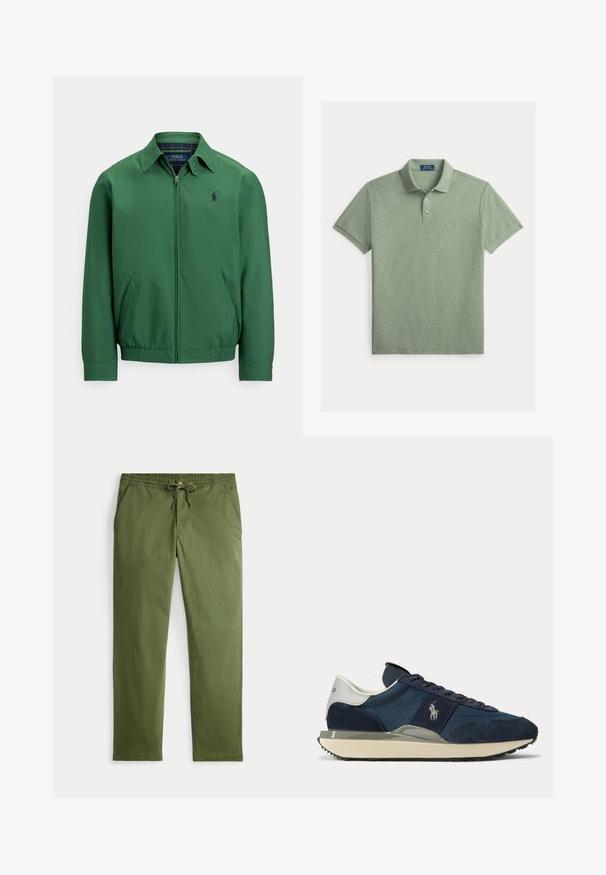 Chaqueta verde con cremallera hecha de tela lisa. Presenta un cuello puntiagudo, cintura elástica y bolsillos laterales. Pequeño logo en el pecho.; Polo de manga corta de color verde claro con cuello y tres botones, colocado plano, con logo sutil bordado en el pecho izquierdo.; Pantalones informales verdes oliva para hombre con cintura elástica, cordón de ajuste, cierre de botón y bolsillos laterales, exhibidos planos sobre un fondo blanco.; Zapatilla azul marino y blanca con paneles de ante y tela, logotipo blanco en el lateral, lengüeta blanca en el talón y suela beige con tacos negros.