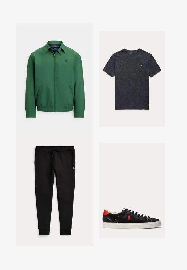 Grüne Jacke mit Reißverschluss aus glattem Stoff. Verfügt über einen spitzen Kragen, einen elastischen Bund und seitliche Taschen. Kleines Logo auf der Brust.; Dunkelgraues T-Shirt aus weichem Material, mit Rundhalsausschnitt und einem kleinen weißen Logo-Akzent auf der Brust.; Schwarze Jogginghose mit umgeschlagenen Bündchen, Tunnelzug in der Taille, Seitentaschen und kleinem weißen Polo-Spieler-Logo am rechten Oberschenkel.; Schwarze Wildleder-Sneaker mit weißen Schnürsenkeln, roten Akzenten an der Ferse und einem kleinen roten Logo. Sie verfügen über eine flache Gummisohle und einfache Nähte.