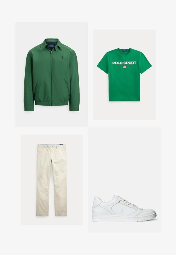 Zelená bunda na zips z hladkej látky. Má špicatý golier, elastický pás a bočné vrecká. Na hrudi malé logo.; Zelené bavlnené tričko s nápisom "POLO SPORT RALPH LAUREN" v tučnom bielom a červenom texte, pod ktorým sa nachádza malý grafický obrázok americkej vlajky.; Béžové bavlnené nohavice s rovnými nohavicami, opaskové pútká, predné zapínanie na gombík, zips a bočné vrecká.; Biele kožené tenisky s hladkým povrchom, obsahujúce perforovanú špičku, šnúrkové uzatvorenie a vyšívané logo na boku. Biela gumová podrážka.
