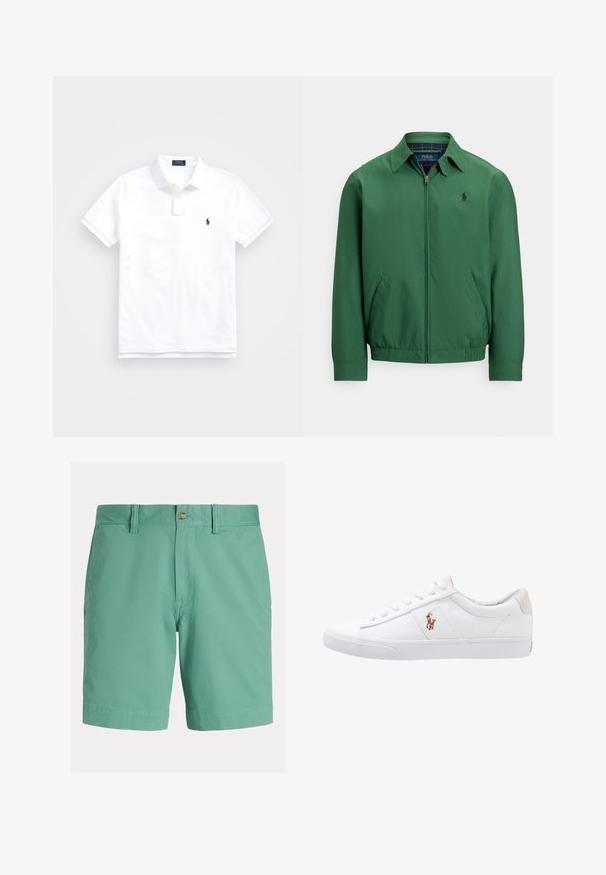 Grøn lynlåstrøje lavet af glat stof. Har en spids krave, elastisk linning og sidelommer. Lille logo på brystet.; Hvid polo t-shirt med korte ærmer, krave, to knapper og lille mørkeblå broderet logo på venstre bryst.; Herreshorts i lysegrøn, lavet af bomuldsblanding. Har flad front, knaplukning, bæltestropper og sidelommer. Glat tekstur.; Hvide kanvas sneakers med lågtop design, prydet med en beige hælkappe og et lille broderet logo på siden. Gummisål.