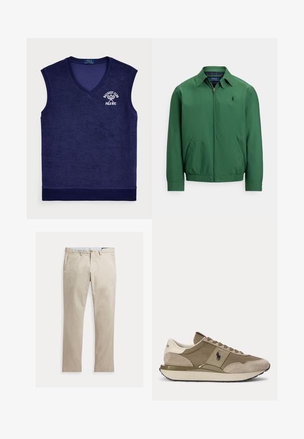 Grüne Jacke mit Reißverschluss aus glattem Stoff. Verfügt über einen spitzen Kragen, einen elastischen Bund und seitliche Taschen. Kleines Logo auf der Brust.; Seegrüne ärmellose Poloshirt aus Frottee-Material; verfügt über einen V-Ausschnitt, gerippten Kragen und ein weißes Logo mit Tennisschlägern.; Beige Baumwollhose mit geradem Bein, Fronttaschen, Gürtelschlaufen, Knopfverschluss und Reißverschluss, flach auf weißem Hintergrund dargestellt.; Seitenansicht eines beige- und braunen Sneakers mit Wildleder-Akzenten und Polo-Logo an der Seite vor einfachem Hintergrund.