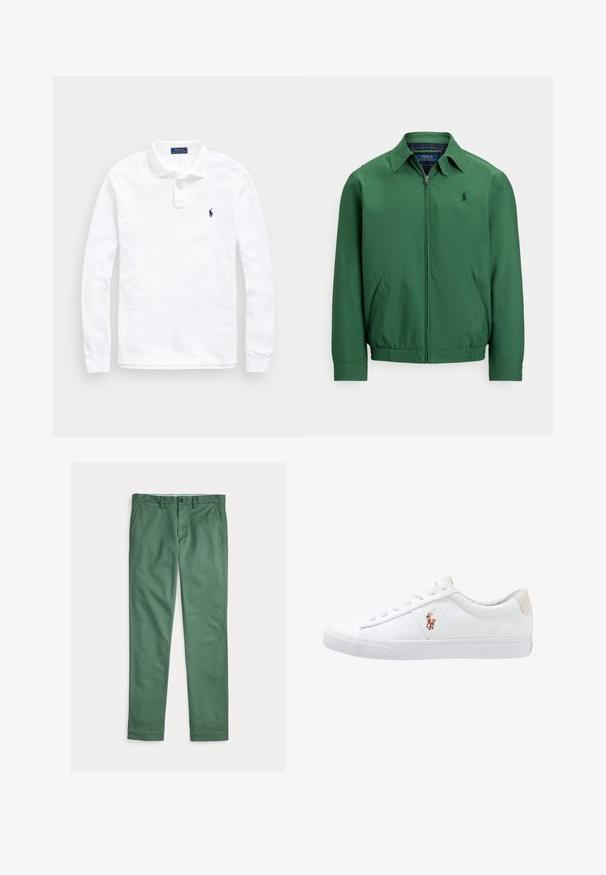 Groen jack met ritssluiting, gemaakt van gladde stof. Heeft een spitse kraag, elastische tailleband en zijzakken. Klein logo op de borst.; Wit lange mouwen poloshirt van katoen, met een kraag en een enkel blauw logo op de linkerborst. Eenvoudig, klassiek ontwerp.; Groene rechte herenbroek met voorzakken, riemlussen en knoopsluiting, plat uitgespreid op een witte achtergrond.; Witte canvas sneakers met een laag ontwerp, featuring een beige hieltab en een klein geborduurd logo aan de zijkant. Rubber zool.