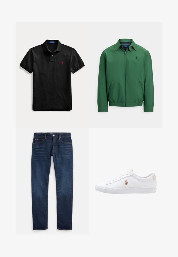 Zelená bunda na zips z hladkej látky. Má špicatý golier, elastický pás a bočné vrecká. Na hrudi malé logo.; Čierne polo tričko s krátkym rukávom, golierom, dvojgombíkovou légou a malým červeným vyšívaným logom na ľavej strane hrudníka.; Tmavomodré slim-fit rifle s jemným vyblednutím na stehnách, dizajn s piatimi vreckami a zapínaním na gombík v páse.; Biele plátenné tenisky s nízkym strihom, ktoré majú béžový opasok na päte a malé vyšívané logo na boku. Gumová podrážka.