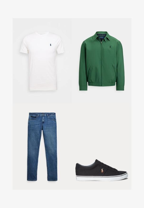 Chaqueta verde con cremallera hecha de tela lisa. Presenta un cuello puntiagudo, cintura elástica y bolsillos laterales. Pequeño logo en el pecho.; Camiseta de algodón blanca con cuello redondo. Presenta un pequeño logo azul oscuro en el lado izquierdo del pecho. Mangas cortas, textura suave.; Jeans de mezclilla azul con un corte ajustado, que cuentan con bolsillos delanteros, trabillas para cinturón y un cierre de botón sobre un fondo blanco.; Zapatilla deportiva negra de corte bajo con suela blanca y logotipo cosido de jugador de polo en el lateral, con cierre de cordones y parte superior de tela texturizada.