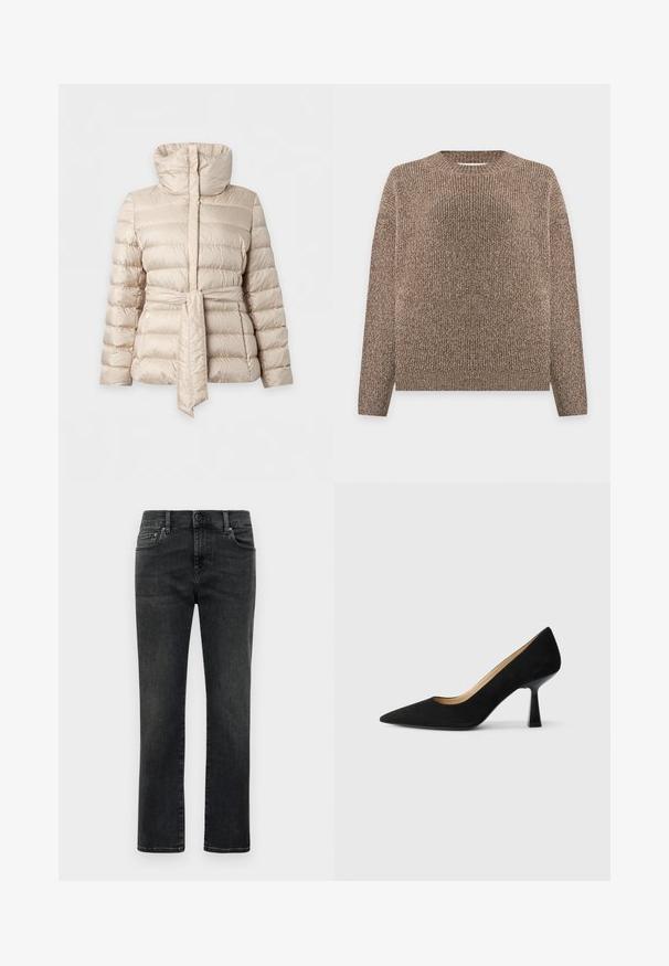 Beige quiltet pufferjakke med høj krave og matchende bælte bundet i taljen, lange ærmer og sidelommer med lynlås.; Brun og beige ribstrikket sweater med lange ærmer og rund hals, vist mod en ensfarvet lys baggrund.; Mænds lige ben sorte udvasket jeans med frontknap og fem-lommers design på hvid baggrund.; Sorte ruskinds højhælede pumps med spids tå, der har en blank sort blokhæl og en glat indvendig foring.