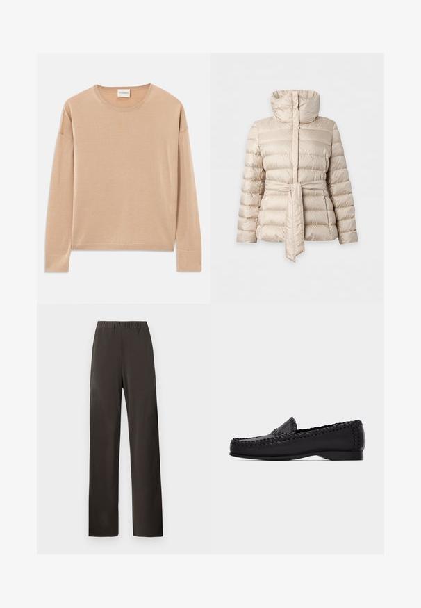 Veste matelassée beige avec col montant et ceinture assortie nouée à la taille, manches longues et poches latérales zippées.; Pull à manches longues beige avec un col rond, coupe décontractée et finitions côtelées aux poignets et à l'ourlet. Texture douce et lisse avec un design minimal.; Pantalon marron foncé à jambes droites avec taille élastique, sans poches visibles ni décorations, présenté sur un fond clair uni.; Mocassin en cuir noir avec couture tissée le long des bords et petit talon, présenté de profil sur un fond clair uni.