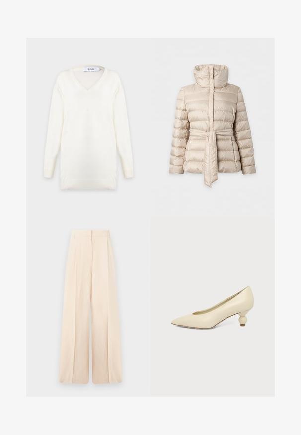 Veste matelassée beige avec col montant et ceinture assortie nouée à la taille, manches longues et poches latérales zippées.; Pull blanc à manches longues avec col en V, poignets et ourlet côtelés, présenté sur un fond clair uni.; Pantalon taille haute à jambes larges en tissu beige clair avec plis devant et ceinture avec passants.; Chaussure femme couleur crème à bout pointu avec un petit talon rond en forme de boule, sur fond uni.