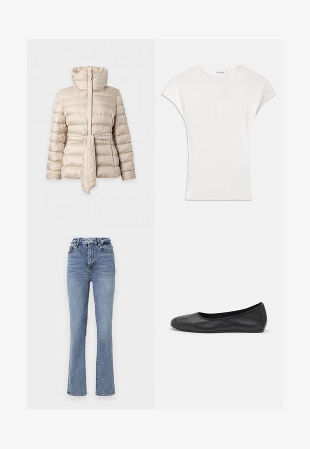 Veste matelassée beige avec col montant et ceinture assortie nouée à la taille, manches longues et poches latérales zippées.; Chemise blanche à manches courtes en tissu côtelé doux. Encolure ras du cou ; coupe décontractée avec des manches légèrement bouffantes. Étiquette de la marque visible au niveau de l'encolure.; Jean en denim bleu taille haute avec une coupe droite, présentant un style classique à cinq poches et de subtils accents de couture.; Ballerines en cuir noir avec un bout rond, texture lisse, détails de couture minimalistes et design de semelle flexible.