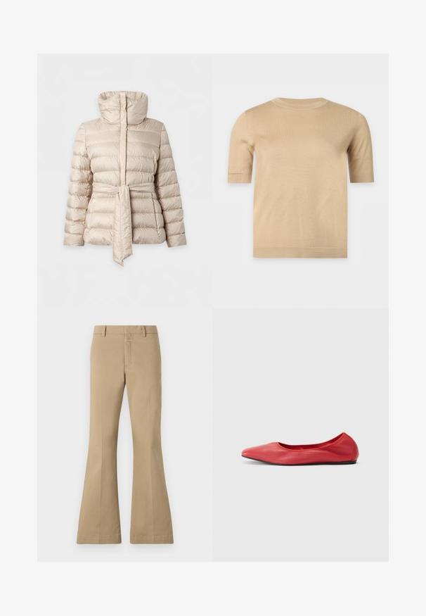 Veste matelassée beige avec col montant et ceinture assortie nouée à la taille, manches longues et poches latérales zippées.; Pull en tricot beige à manches courtes avec un col rond et un ourlet droit, présenté sur un fond clair uni.; CLOSED FELISE - Pantalon classique - urban beige; Filippa K REY FLATS - Ballerines - bright red