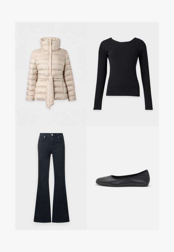 Veste matelassée beige avec col montant et ceinture assortie nouée à la taille, manches longues et poches latérales zippées.; Haut noir ajusté à manches longues avec un large col rond et une texture côtelée sur un fond clair uni.; Jean en denim noir évasé avec une taille haute, cinq poches et une fermeture à bouton métallique. Texture lisse et détails de couture contrastés.; Ballerines en cuir noir avec un bout rond, texture lisse, détails de couture minimalistes et design de semelle flexible.